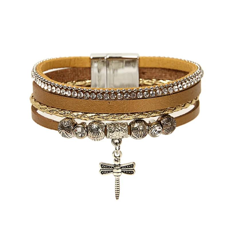 ORNAPEADIA New bohemia bracelet fashion Vintage beads sweet Multilayer leather dragonfly pendant girls festival gift | Украшения и