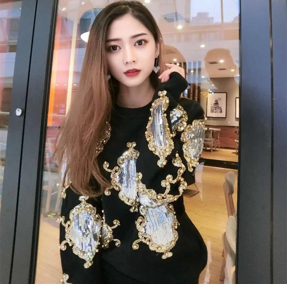 Cakucool Beading Knitted Tops Women Long Sleeve O-neck Sequined Sweaters Floral Embroid Ethnic Shiny Jumpers Sweater Female | Женская