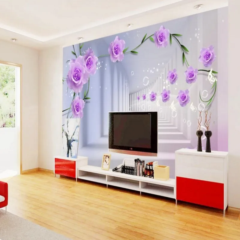 Beibehang Customize any sizewallpaper 3D living room bedroom backdrop abstract perspective background wallpaper purple flowers |