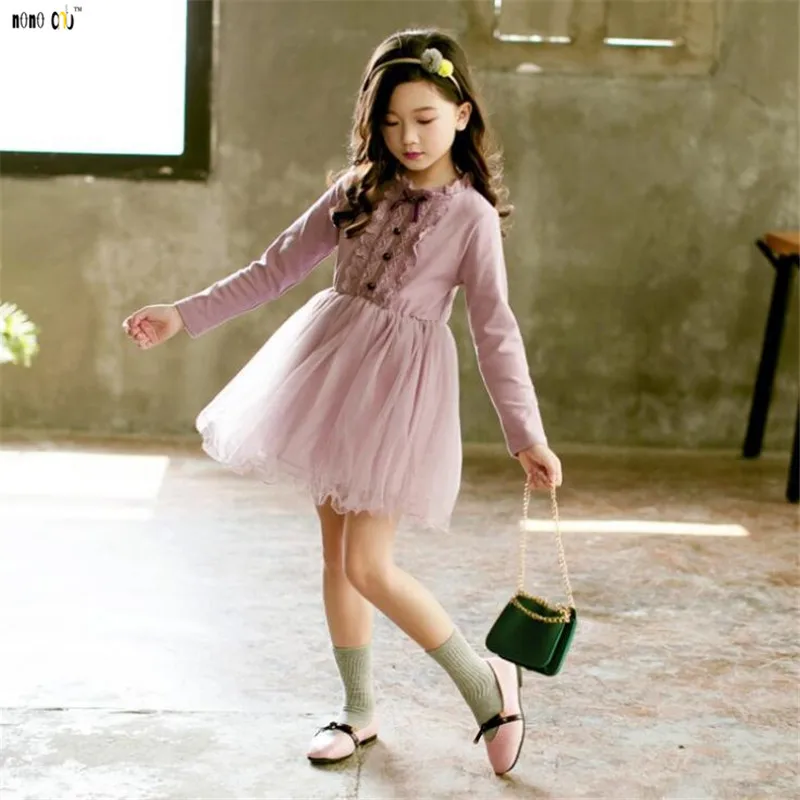 Fashion Lacework Princess Dress Girl Long Sleeve Autumn Mesh Elegant Dresses Kids Girls Clothes 4 5 6 7 8 9 10 11 12 Years | Детская