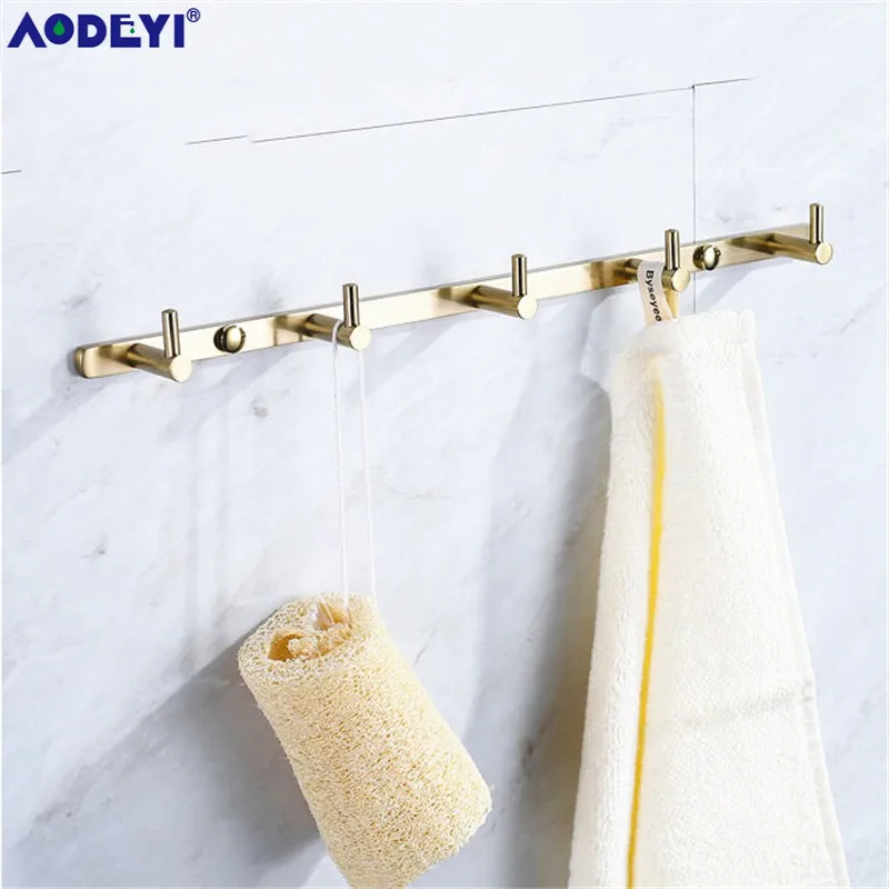 Bathroom Hardware Set Brushed Gold Robe Hook Towel Rail Rack Bar Shelf Paper Holder Wall Mount Bathroom Accessories SUS 304 - Цвет: Robe Hook 5 Hooks