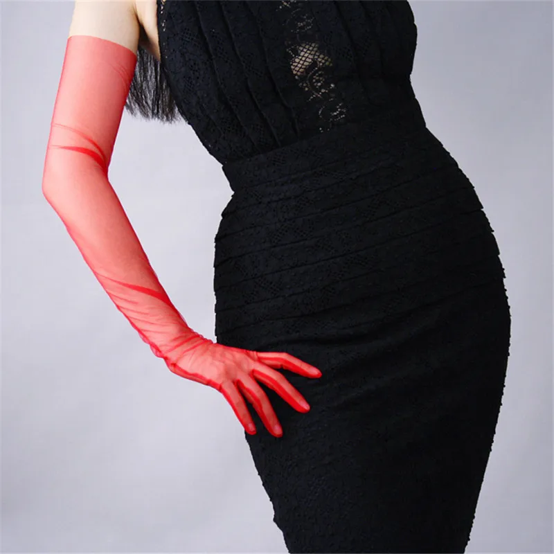 

Mesh Gloves Lace Ultra-Thin Long Style Women's Deep Red Touchscreen Gloves Evening Vestido Female Mittens TB31-2
