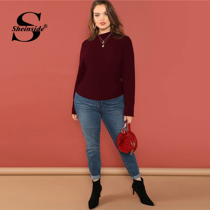 Sheinside, бордовые футболки размера плюс, офисные женские Топы И Футболки, водолазка с длинным рукавом, женская футболка, осень, Женский Топ