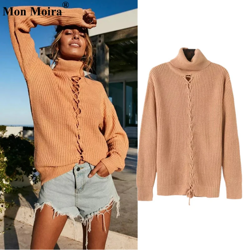Для женщин Кружево Up выдалбливают Свитеры с высоким воротом Дамская мода зима