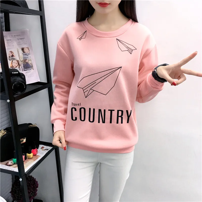 

Long Sleeve Hoodie Polyester Fleece Women O-neck Printed Sweatshirts Ulzzang Sudadera Autumn Kawaii Thick Pullover Pink Top Coat