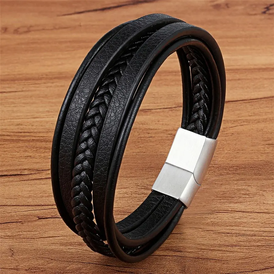 Black with Steel XQNI Модные мужские ювелирные изделия популярный черный цвет натуральная кожа браслет многослойный дизайн Шарм манжета браслет для красивого мальчика подарок - Окраска металла: Black with Steel