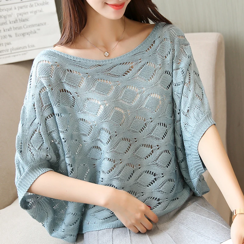 short sleeved women's hollow blouse loose fitting spring summer coat 2018 new bat style college breeze | Женская одежда