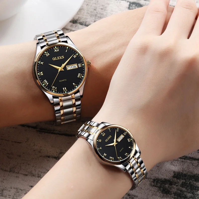 Couples steel black OLEVS парные часы из нержавеющей стали женские часы мужские uhr Reloje mujer montre femme водонепроницаемые кварцевые наручные часы erkek kol saati - Цвет: Couples steel black