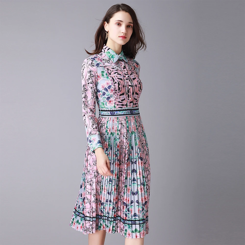 2018 New Fashion Pretty Print Pleated Dress High Quality Spring Turn-down Collar Knee-Length Slim Elegant Female | Женская одежда