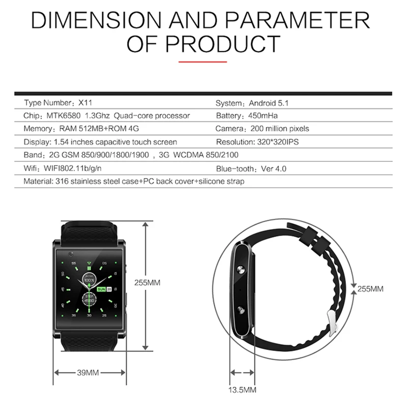 Bluetooth Smart Watch D11 Android 5.1 MTK6580 SmartWatch 3G + WI FI GPS 2.0 м фронтальная камера наручные часы для