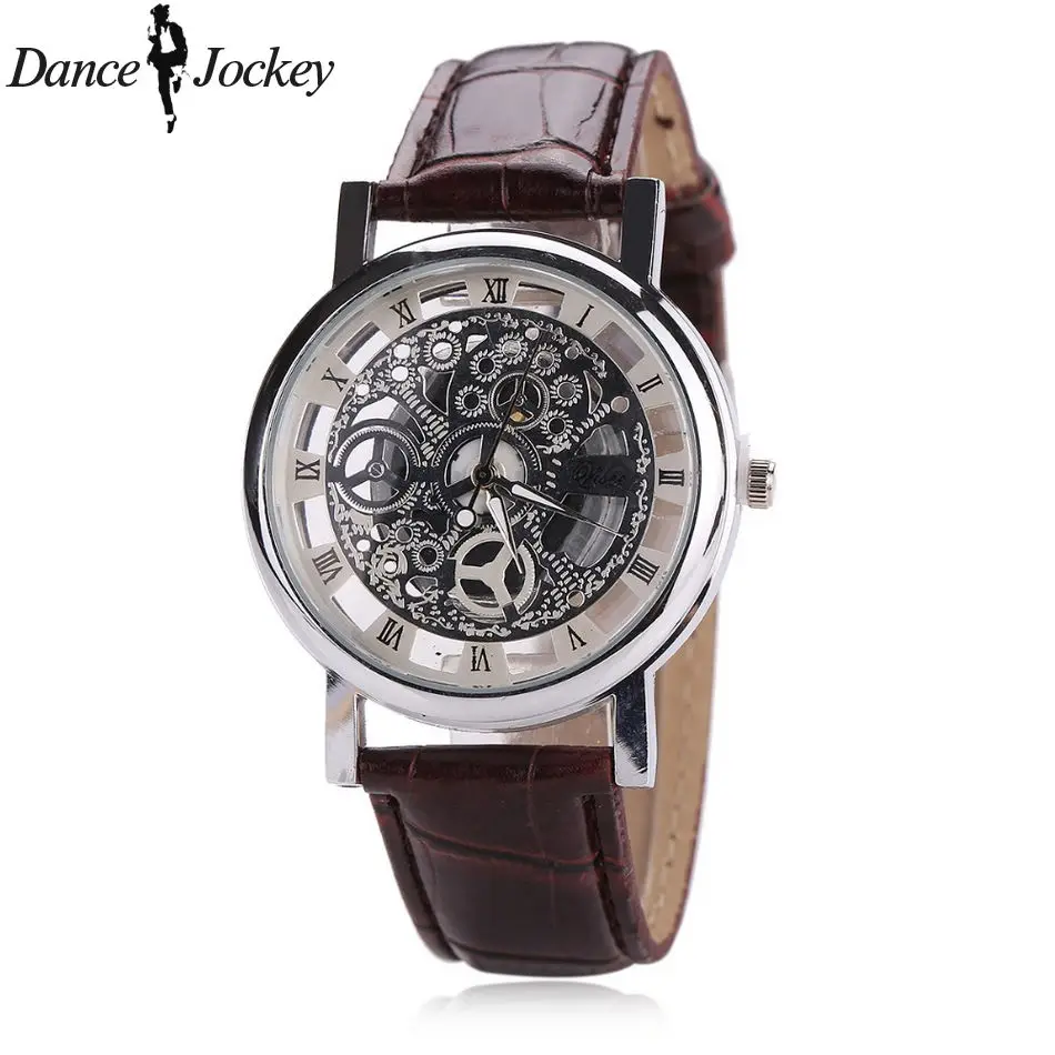 Silver Brown Новые золотые часы люксовый бренд Мужские Модные полые часы высокого качества кожаные часы мужские часы - Цвет: Silver Brown