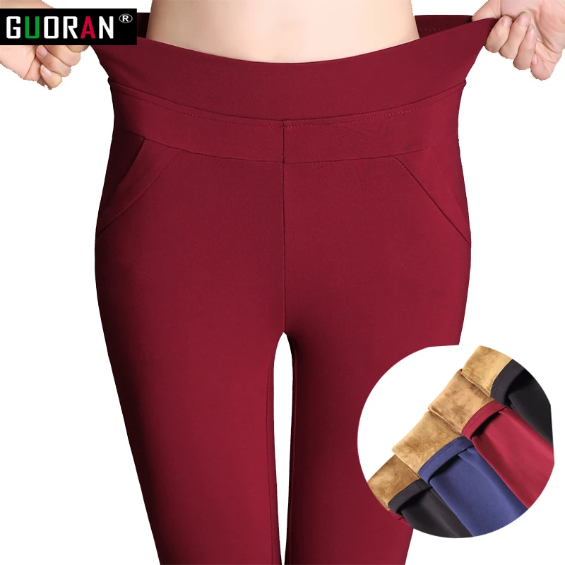 Зимние теплые женские брюки карандаш с высокой талией 2016 черные бархатные