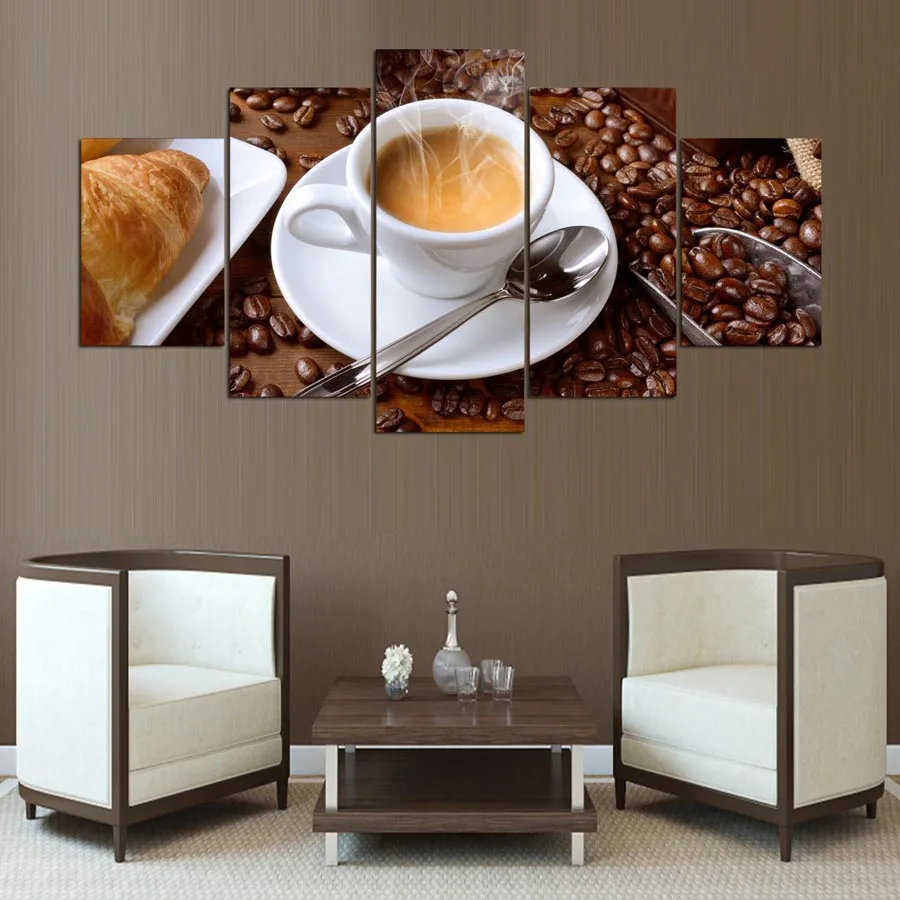 5 Pieces Canvas Paintings Steaming Coffee Bread Cup Pictures For Kitchen Food Painting home decor framed wall art WD-1026 | Дом и сад