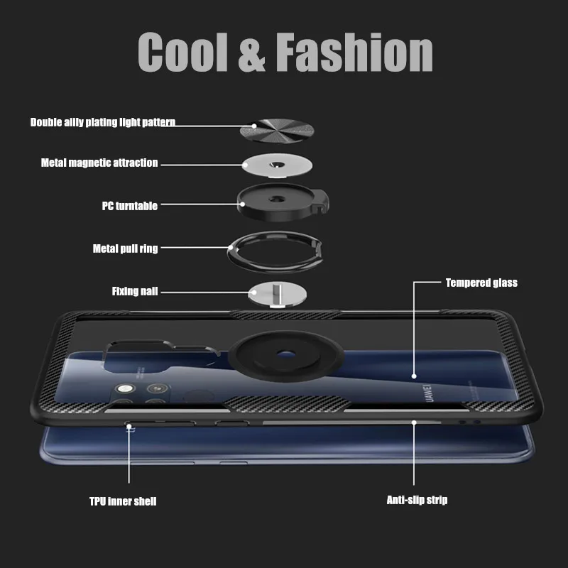 Tempered Glass Case For Huawei Mate 20 X 9 10 Pro 30 P20 Lite Finger Ring Transparent Shockproof Cover |