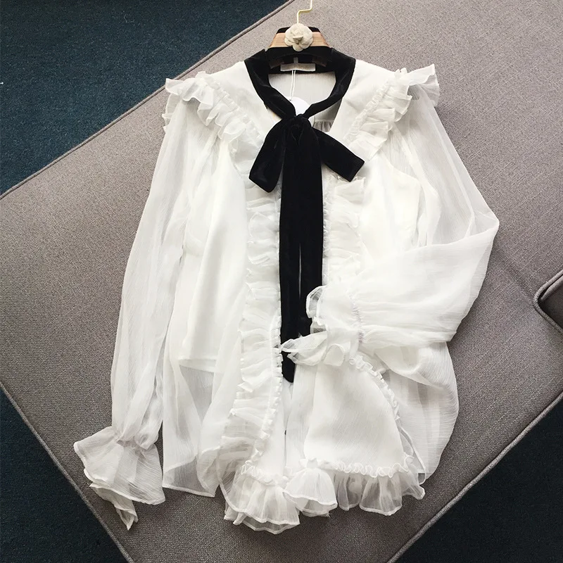 Runway брендовая элегантная белая шифоновая блузка с длинными рукавами и оборками