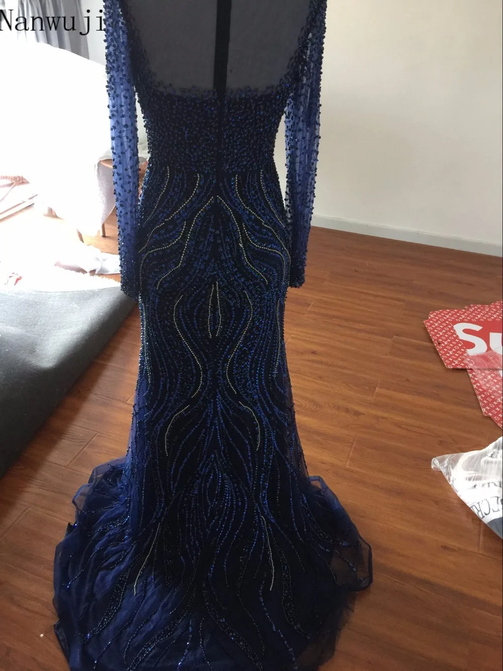 

In stock New High neck Sexy Mermaid Evening Dresses With Long Sleeve 2018 Full Crystal Navy Blue Fashion Elegant Evening Gowns