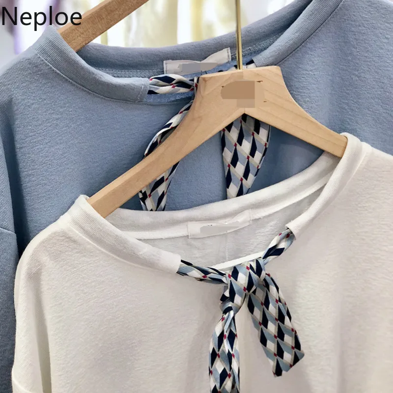 Neploe Solid Women Tops Summer 2019 New Scarf O-Neck Short Sleeve Tees Korean Fashion Cotton Ladies T Shirts 43734 | Женская одежда