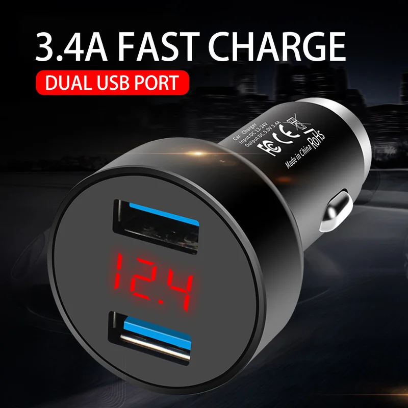 Автомобильное зарядное устройство с светодиодный USB портами и цифровым