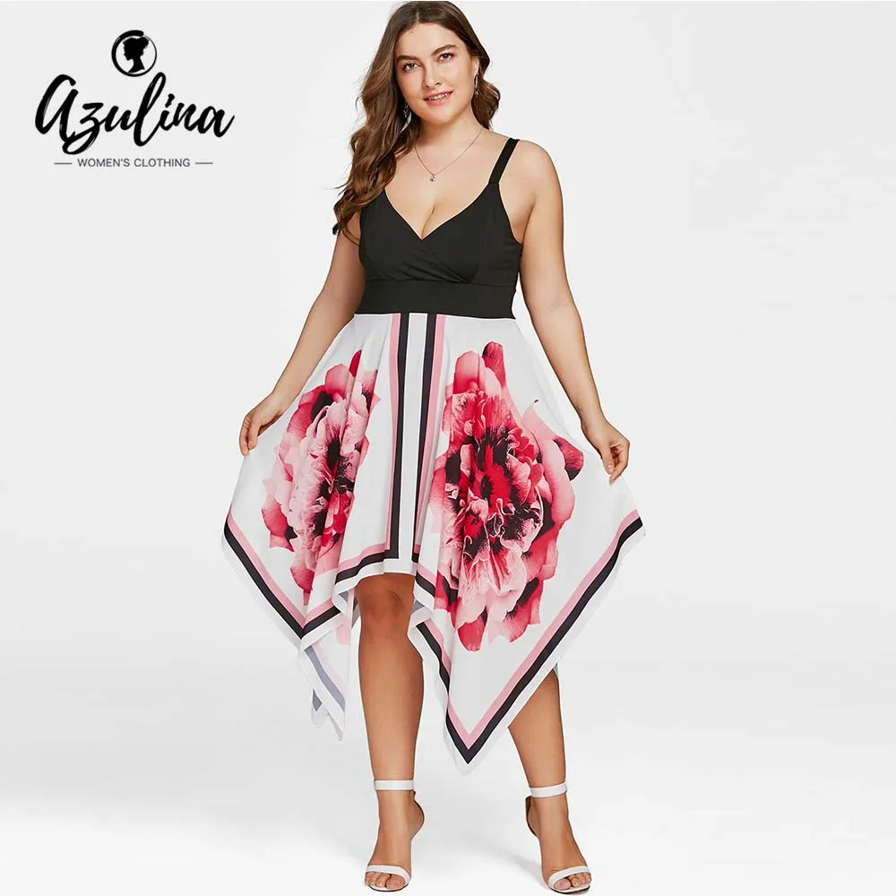 AZULINA плюс Размеры Цветочные рукавов Платок Подол платья Для женщин V Neck A Line Dress