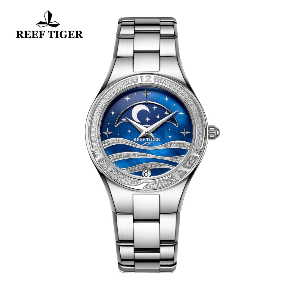 

Reef Tiger/RT Fashion Causal Watches Stainless Steel Blue Wrist Watches Women Moon Phase Watch RGA1524