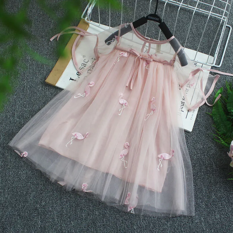 Girls Dresses 2020 Summer New Children's Wear Sweet Belt Flamingo Mesh Yarn Foreign Princess Fluffy Dress | Детская одежда и