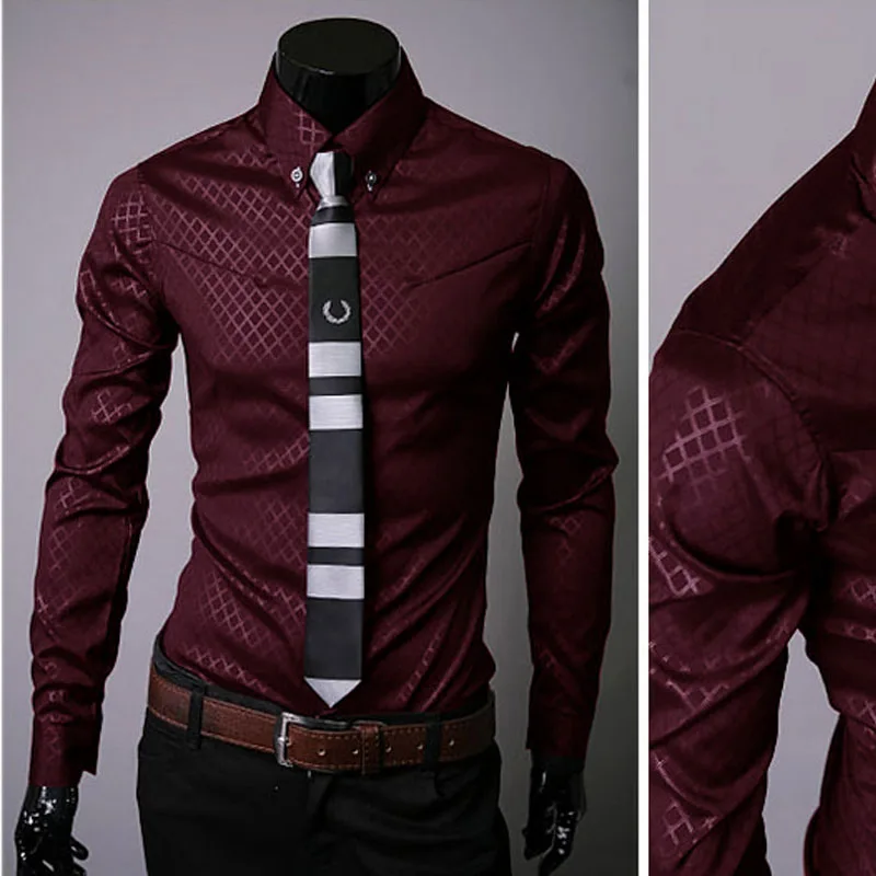 Новинка, модная осенняя одежда, рубашка с длинным рукавом, camisa masculina, темное зерно, ромбовидная решетка, модный стиль, кардиган, мужская одежда, рубашки - Цвет: Красный