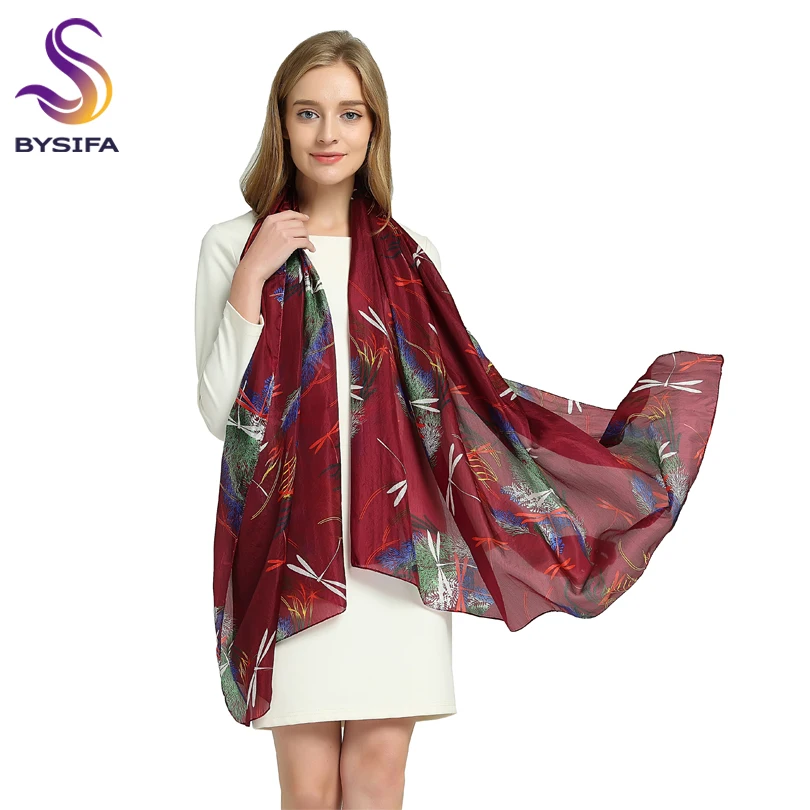 Женский шарф шаль BYSIFA весенне осенний бордовый цвет из чистого шелка длинная 100%