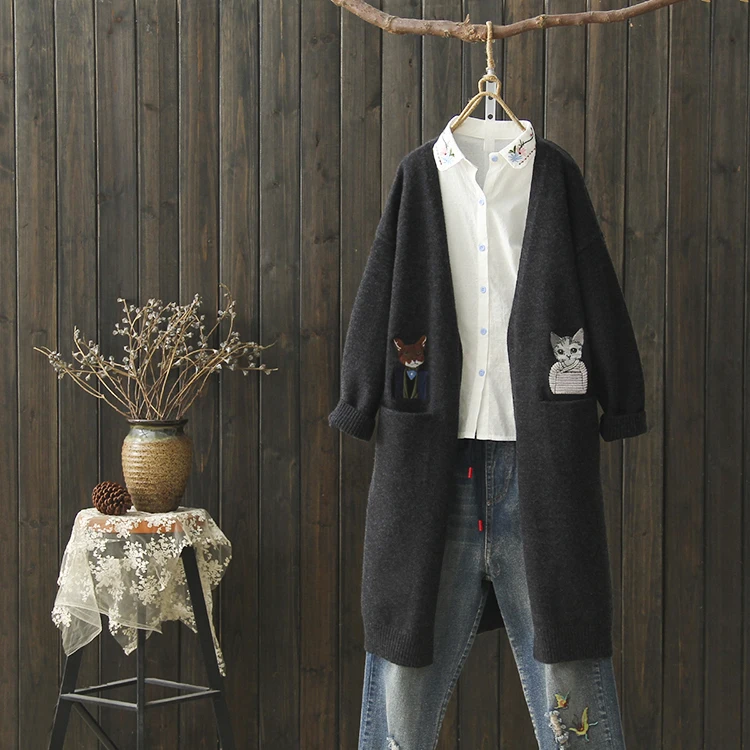 

Double pocket cat embroidery Cardigan sweaters mori girl high quality 2019 autumn winter