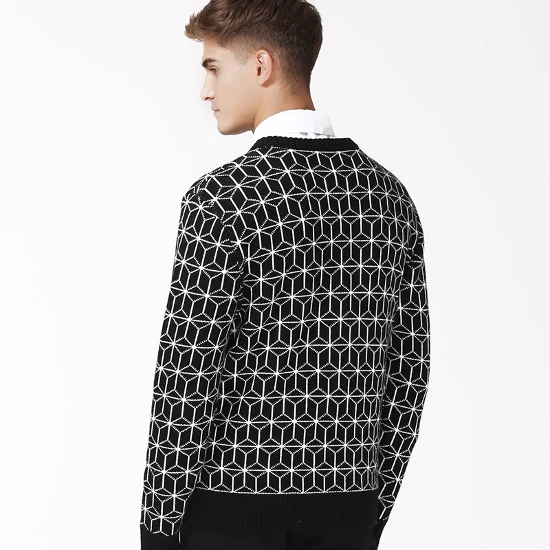 Мужской свитер с геометрическим узором Markless черный или белый шерстяной для