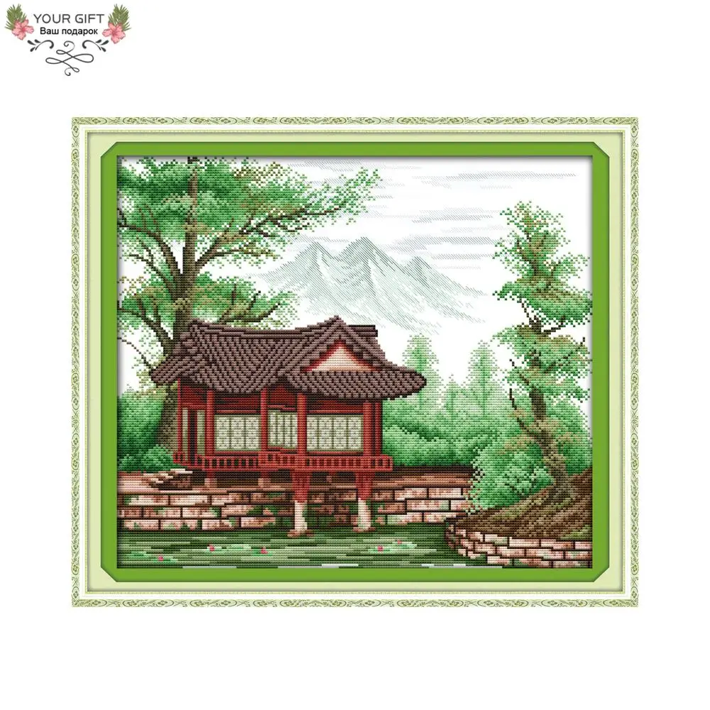 

Joy Sunday China Garden Views Home Decoration F302(2) 14CT 11CT Counted Stamped Chinese Pavilion Embroidery DIY Cross Stitch kit