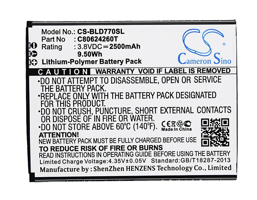 

Cameron Sino High Quality 2500mAh Battery C80624260T for BLU D770U, Studio X Plus