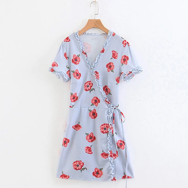 Элегантный ruched v шеи boho платье женщины с коротким рукавом цветочным принтом