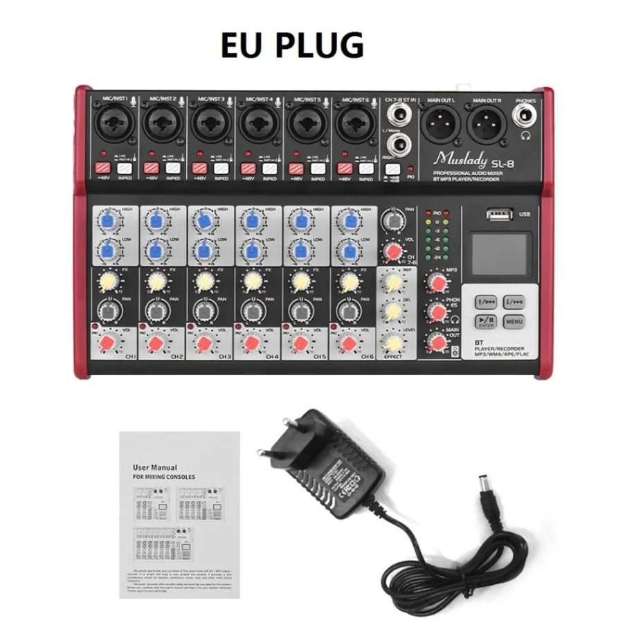 EU PLUG Muslady SL-8 8-канальный смешивания консольный микшер 2-полосным эквалайзером встроенный 48V Phantom Мощность поддерживает подключения BT USB MP3 плеер для ди-джей - Цвет: EU PLUG