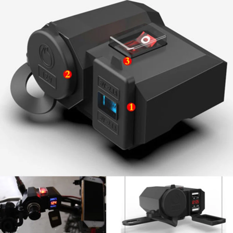 

USB-разъем для зарядки мотоцикла, 2 порта, переключатель вольтметра, металлический, 12 В постоянного тока, 5 В, а, аксессуары для сигарет, автомоб...