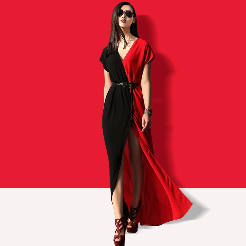 Женское шифоновое платье-макси с коротким рукавом и V-образным вырезом | Женская