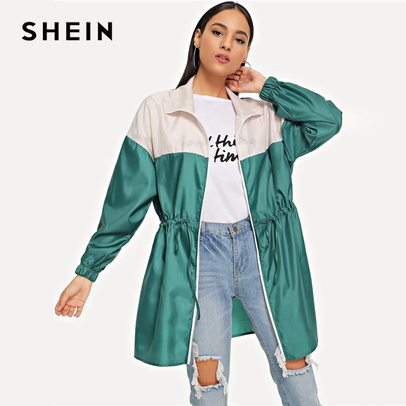 SHEIN, плащ-дождевик на молнии, с завязками, цвет, длинный жакет, Женская Осенняя сатиновая Повседневная Уличная верхняя одежда с длинным рукавом, пальто