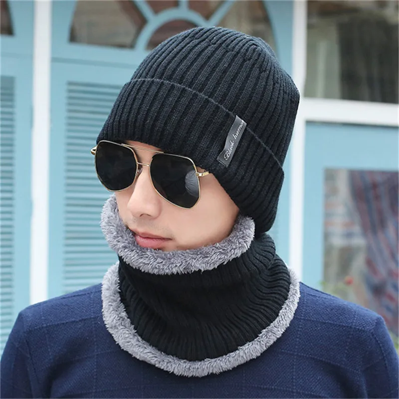 winter warm plush scarf cap two pc sets men fashion strip knitted beanie hats suits head wear boys girls accessory collars |