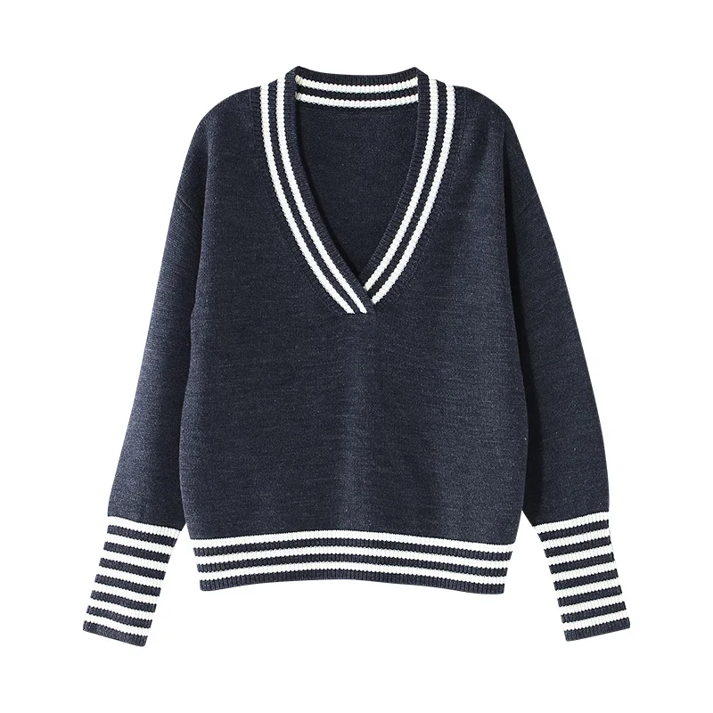 Toyouth Tricot V-neck Fashion Woman Sweater Stripe Patchwork Loose Casual Tops Long Sleeves Knit Pollover Jumpers | Женская одежда