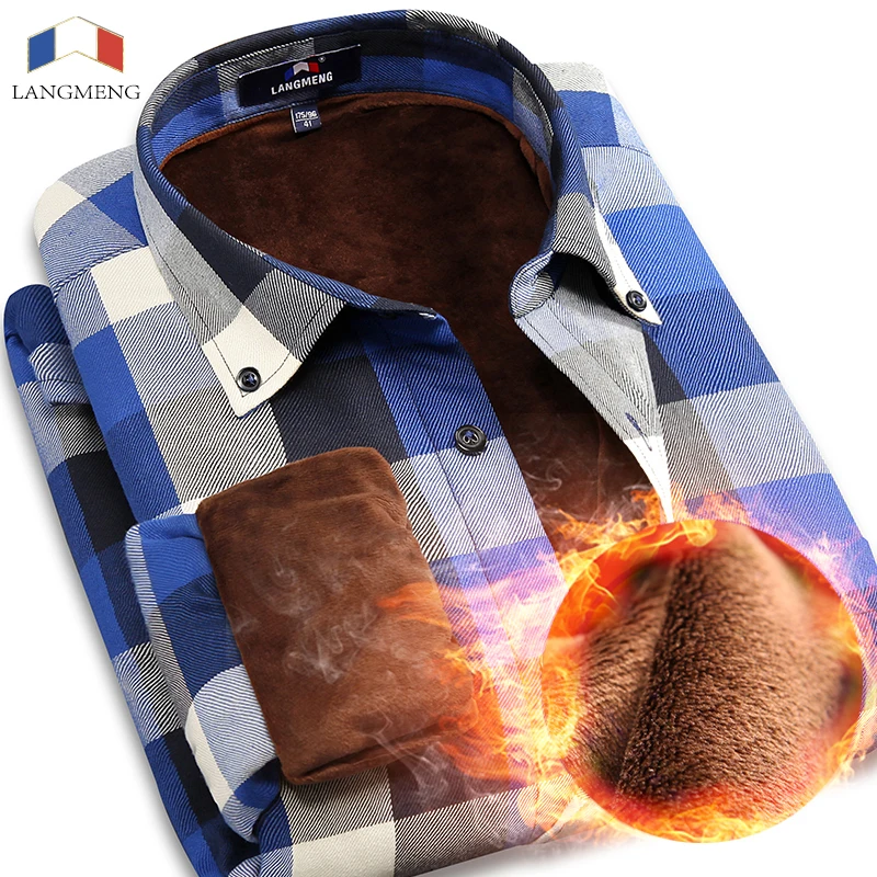 Langmeng 2017 Повседневная зимняя теплая рубашка с длинным рукавом рубашки толстым
