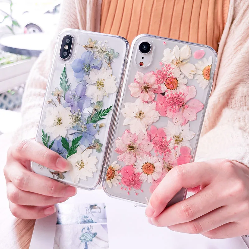 Настоящие цветы сухоцветы Мягкие TPU чехол для iPhone X XS XR XS Max 6 6 S 7 8 плюс Прозрачный Bling Красивая задняя крышка