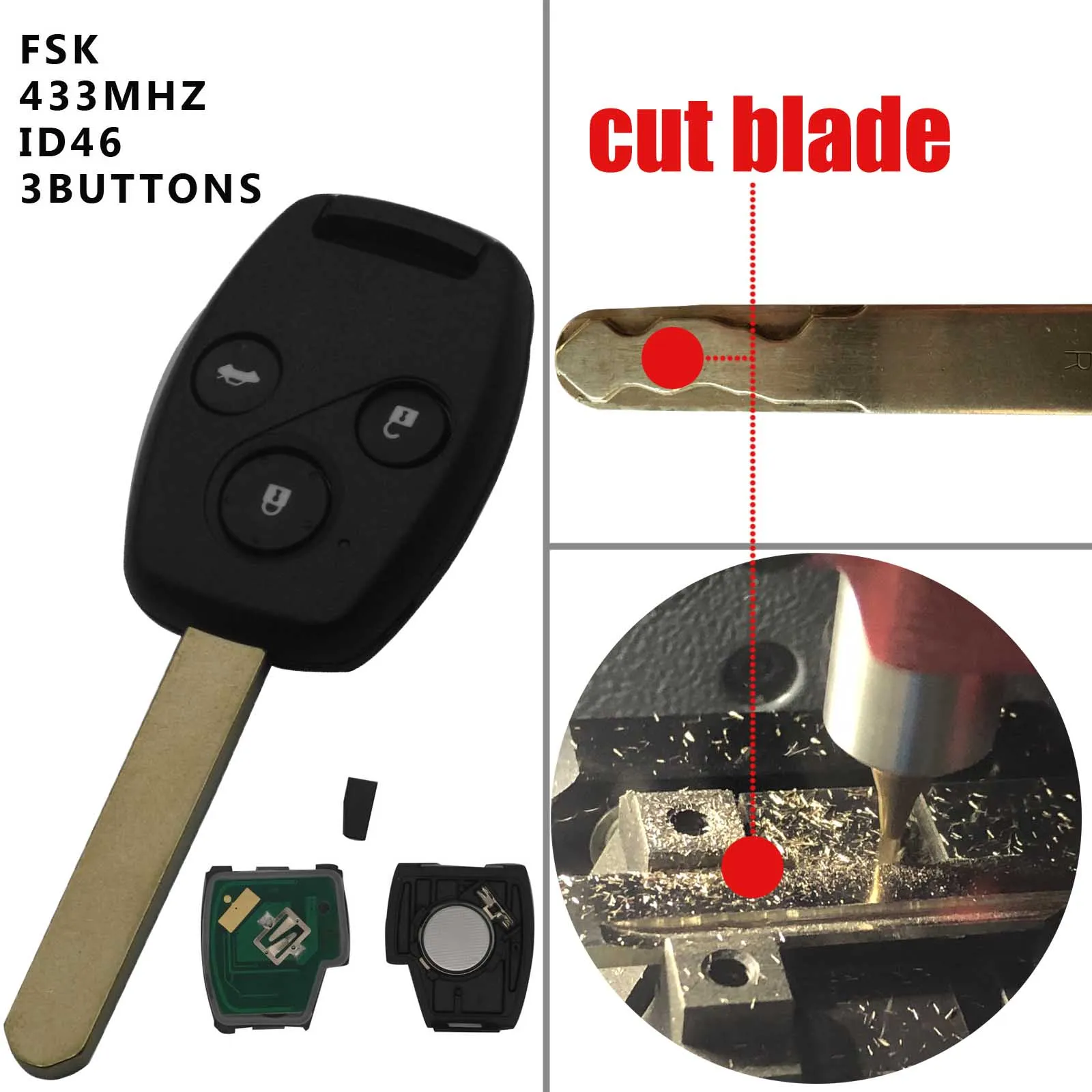 cut blade Jingyuqin FSK 433 МГц с ID46 чип 2/3 кнопки дистанционный ключ-брелок от машины для Honda CR-V Civic Insight Ridgeline Accord - Цвет: cut blade