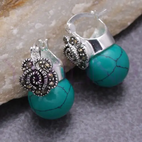 

Hot selling> Green Round turquiose Ball 925 Sterling Silver Hooks Earring -Bride jewelry free shipping