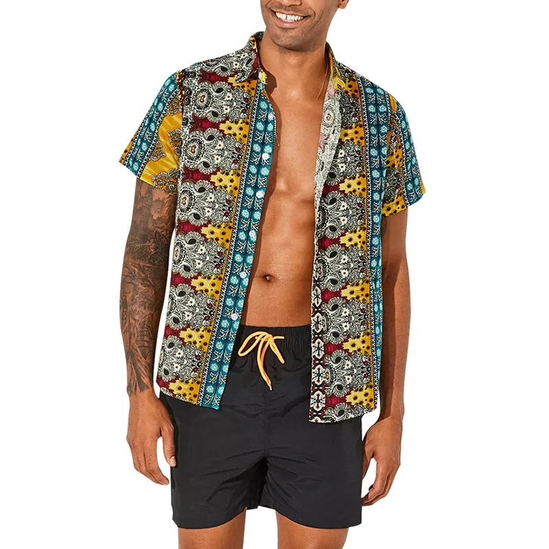 2 MJARTORIA Men's Retro Beach Shirt Fashion Floral Print Short Sleeve Casual Button Down Ethnic Style Shirt - Цвет: 2