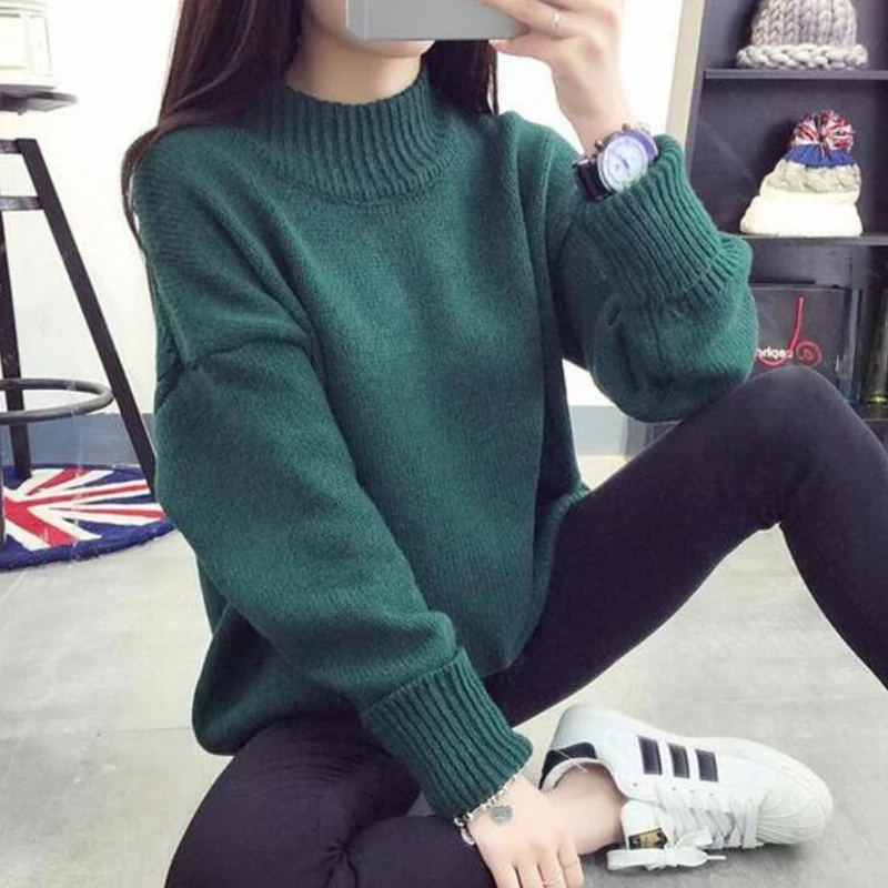 

Winter Fashion Women Warm Solid Sweaters Casual Full Sleeve Turtleneck Loose Pullovers Computer Knitted