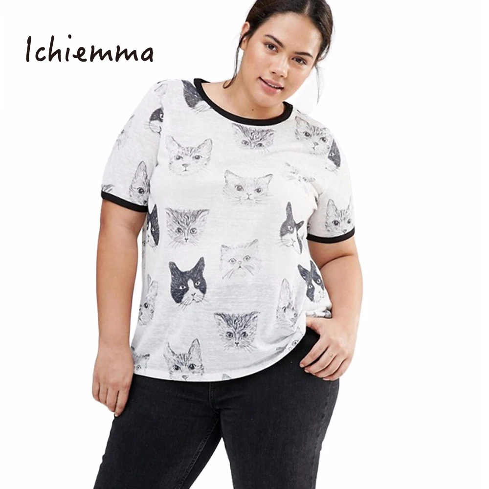Ichiemma 2017 плюс размер cat печать футболки женские сладкий коротким рукавом шея