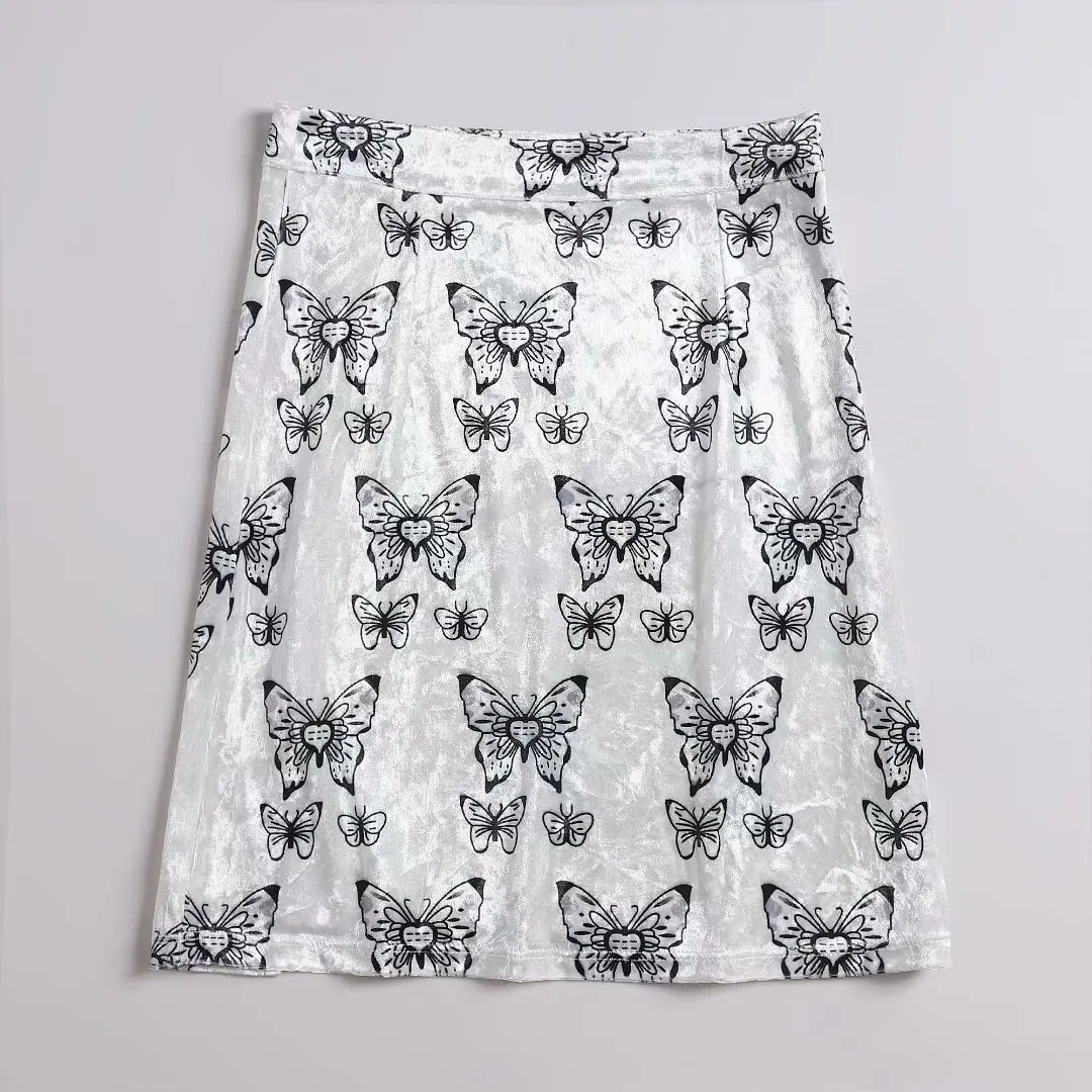 Cute sweet retro butterfly print velvet white skirt split high waist skirt mini short skrit