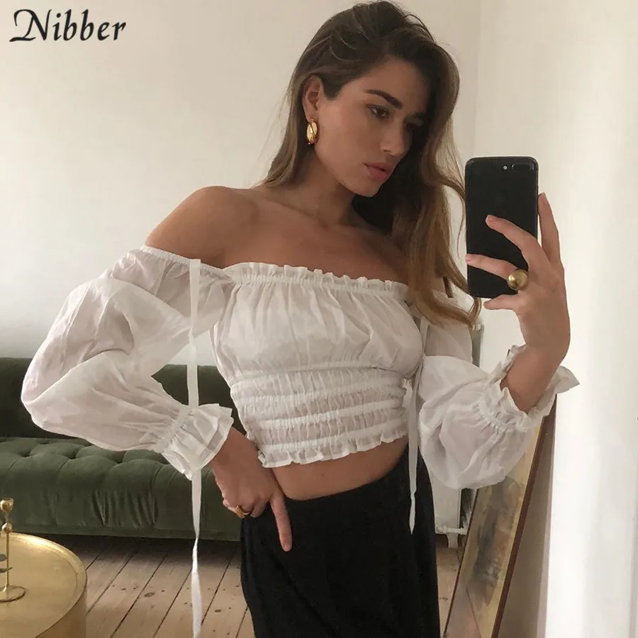 Nibber летние офисные женские французские элегантные топы женские футболки модные белые облегающие Стрейчевые тонкие мягкие Футболки с длинным рукавом