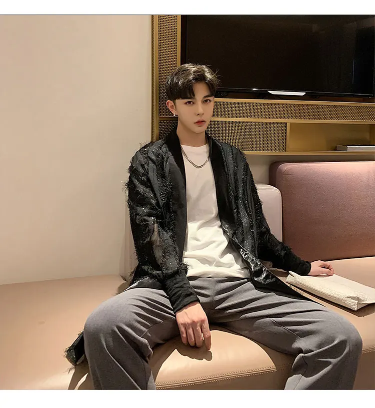 

Male Streetwear Hip Hop Gothic Casual Black Cardigan Robe Coat Men Shining Translucent Long Sleeve Loose Sunscreen Shirt