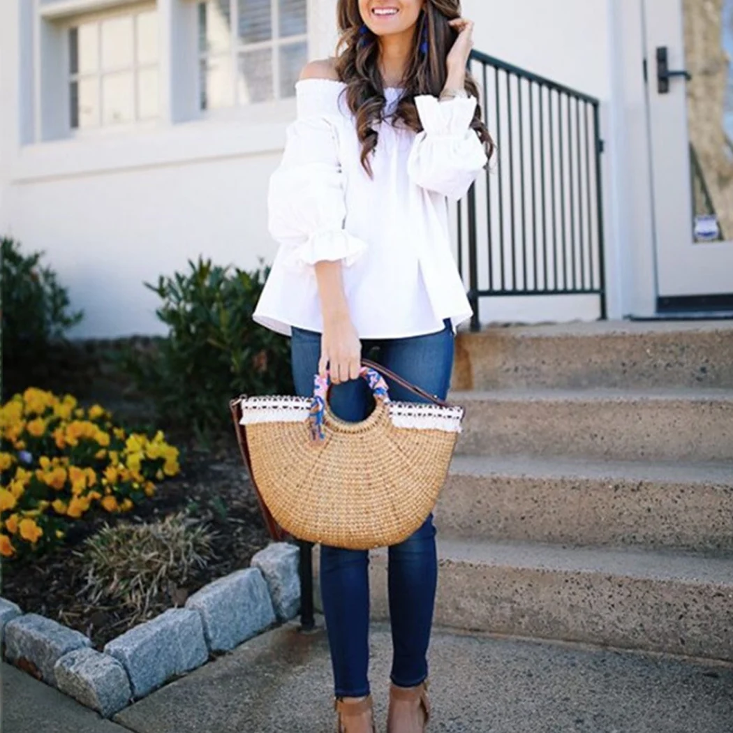 2018 Сексуальная женская блузка с открытыми плечами на весну и лето рубашка бантом