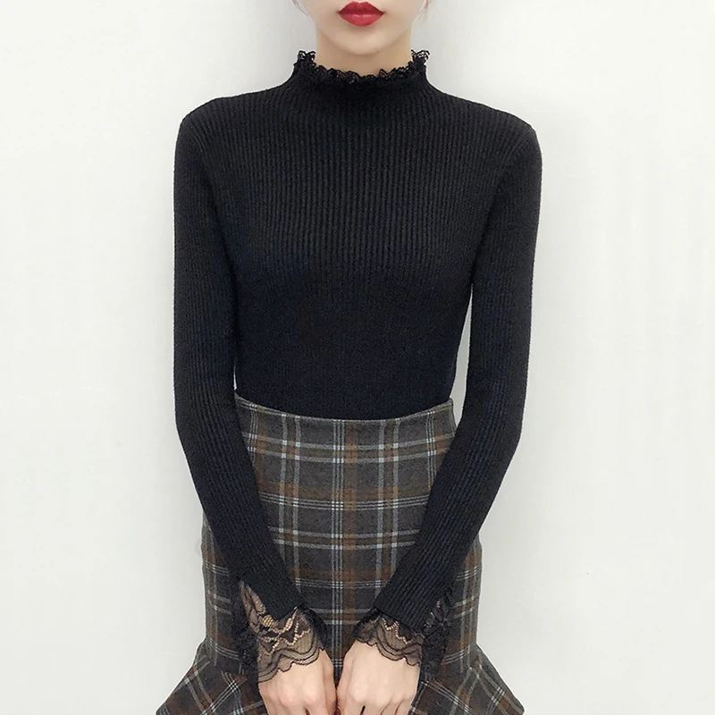 Lace Patchwork Knitted Pullover Women Turtleneck 2021 Autumn Winter Sweaters And Pullovers Female Tricot Jumper Pull Femme | Женская